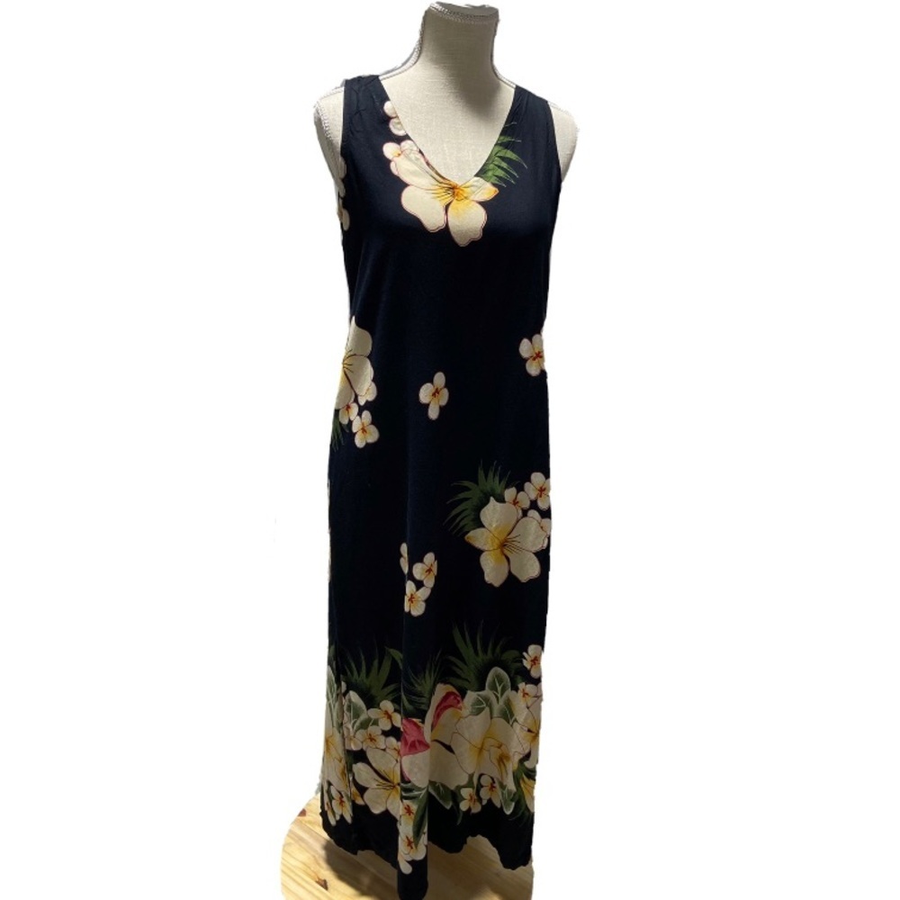 Peppermint Bay Vintage Black Colorful Hawaiian Floral Maxi Dress